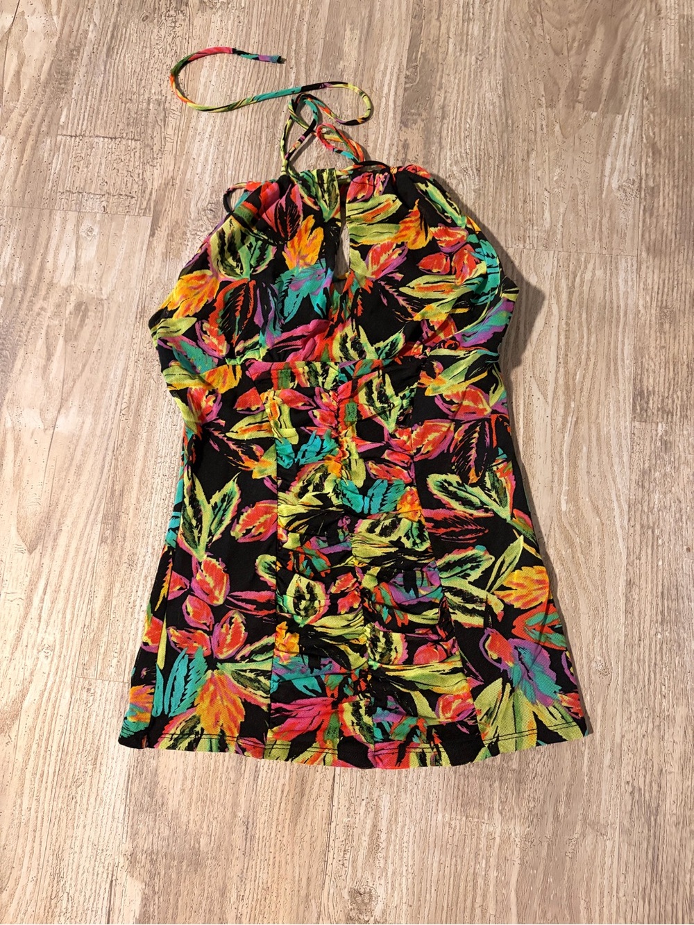Moda International Halter Top in Black with Multicolor Leaf Print